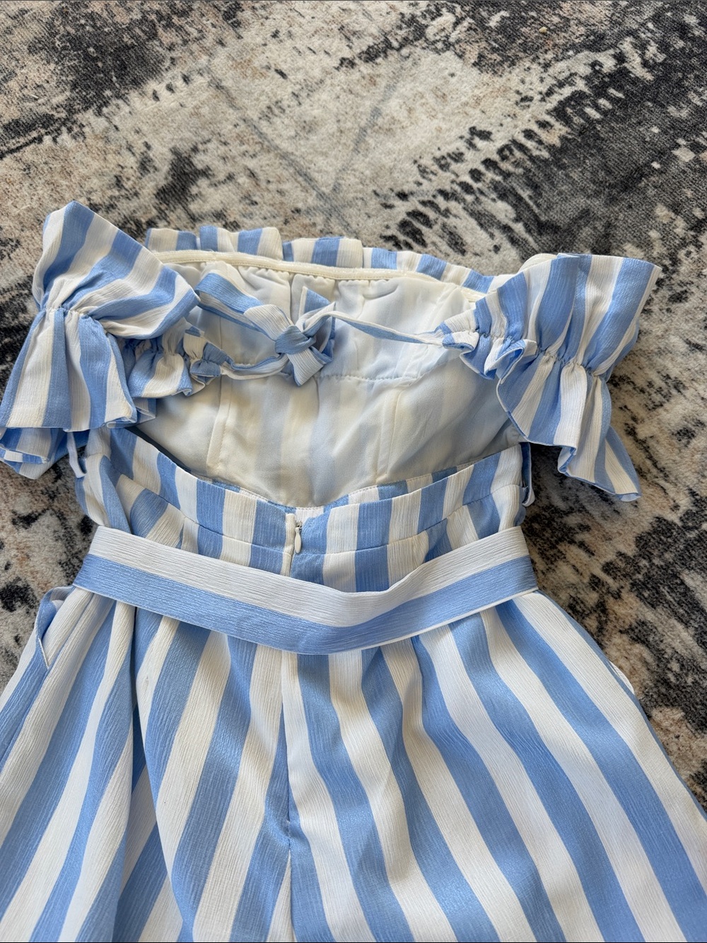 Vici Light Blue and White Striped Off-Shoulder Jumpsuit - Picture 3 of 5